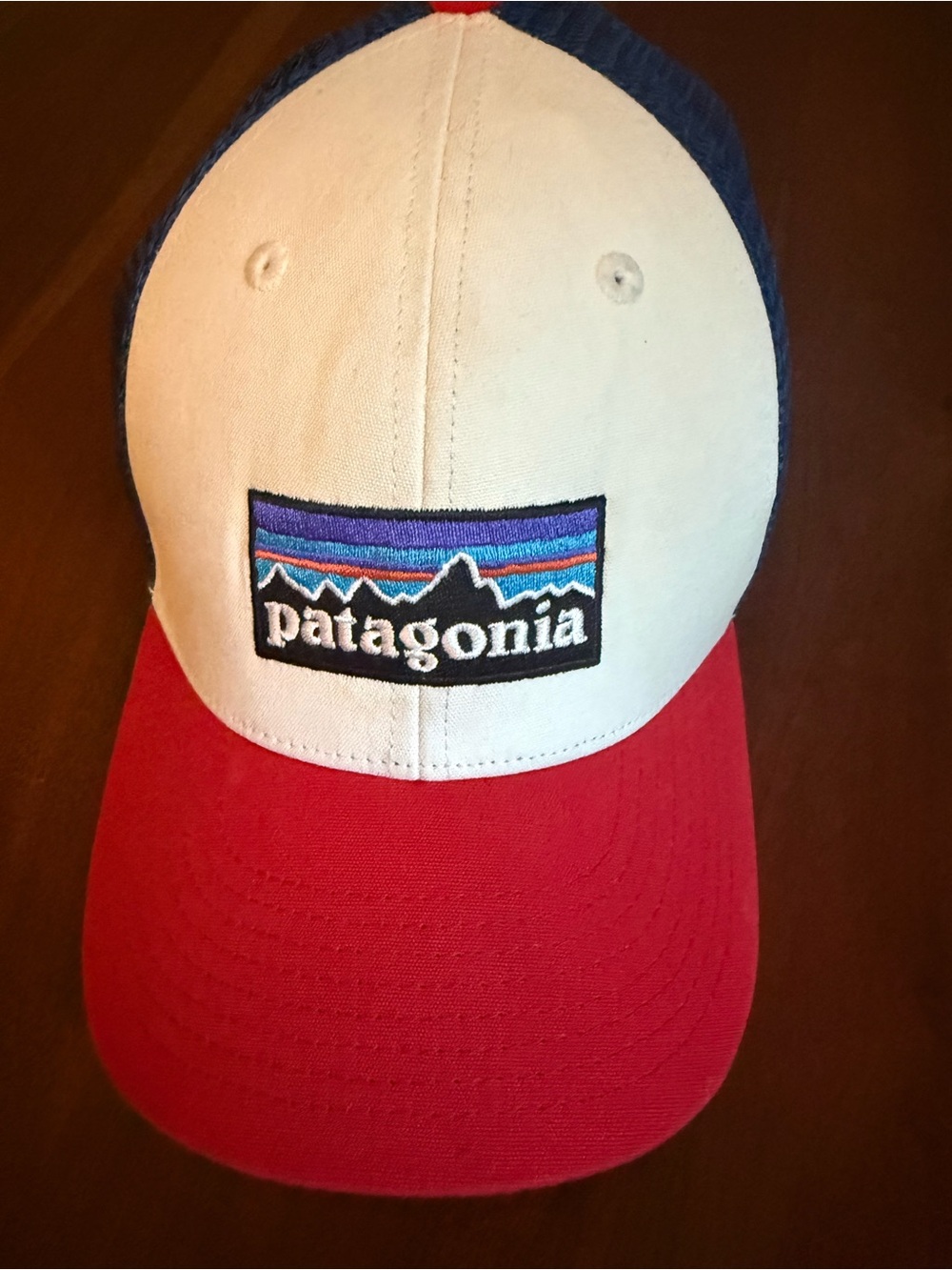 Patagonia Red Brim White Front Blue Mesh Trucker Hat